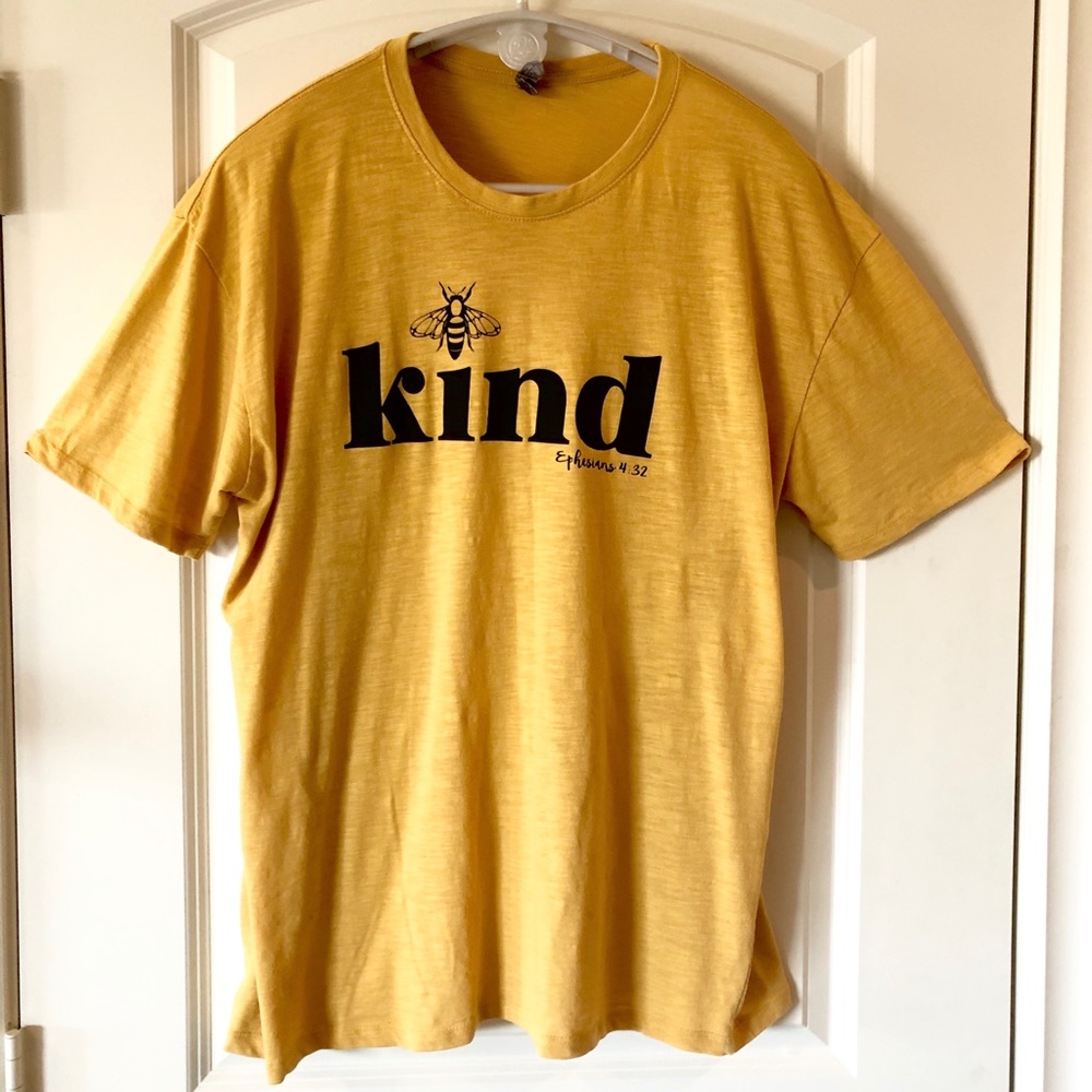 Ephesians 4:32 Be kind Golden T-shirt with black script and bumblebee